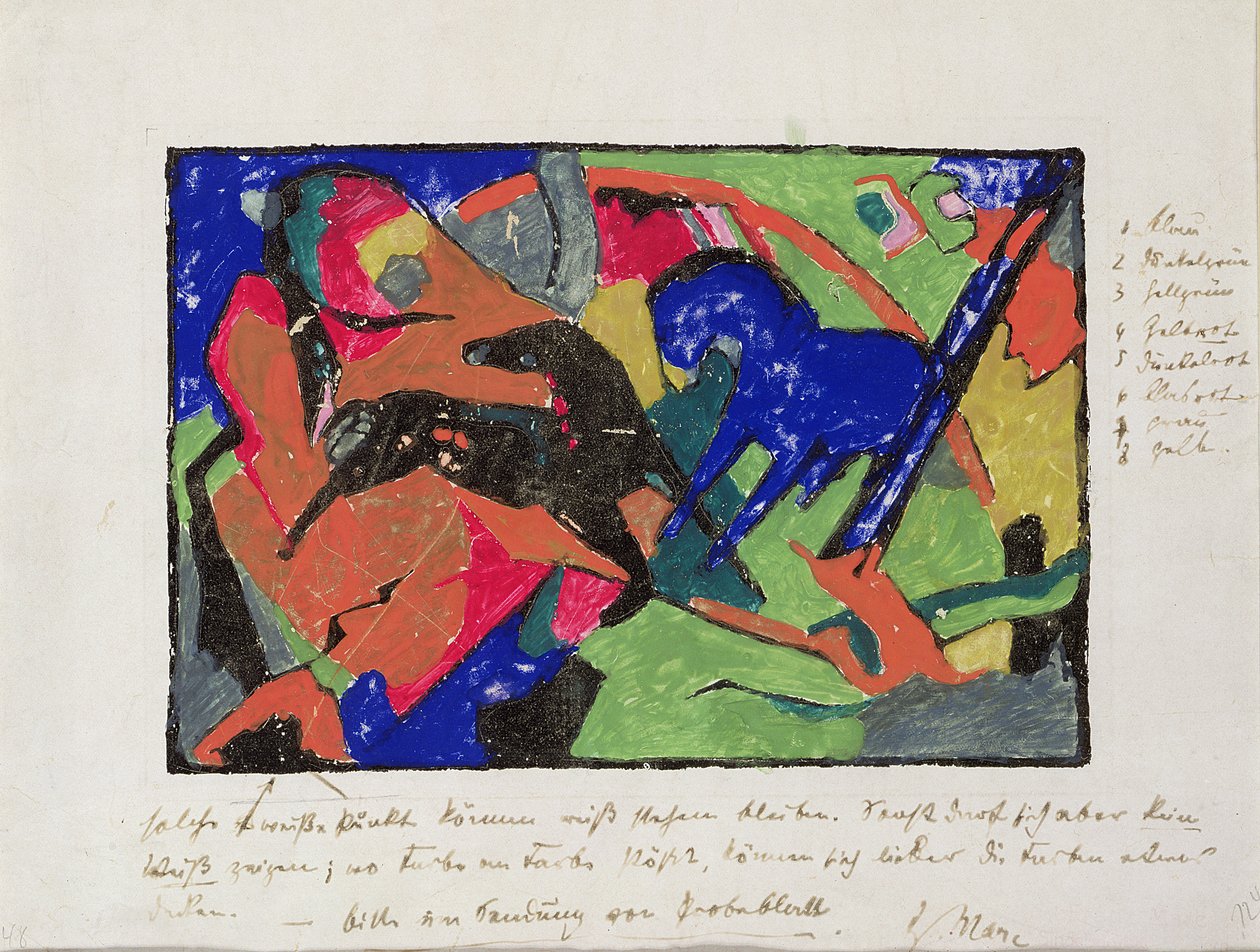 Kaksi hevosta, 1911-12 (käsin värjätty vedos) tekijältä Franz Marc