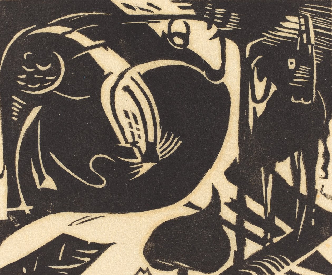 Kaksi myyttistä eläintä (Zwei Fabeltiere), 1914 (puupiirros mustalla japaninpaperilla) tekijältä Franz Marc