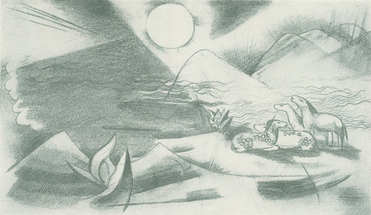 Koskematon maisema, jossa aurinko, vuoret, hevosryhmä tekijältä Franz Marc