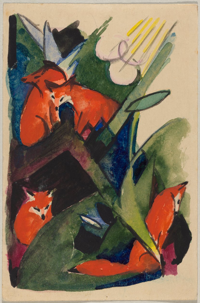 "Neljä kettua", Franz Marc Sindelsdorfista Wassily Kandinskylle Müncheniin: postikortti, postileima 04.02.1913 tekijältä Franz Marc