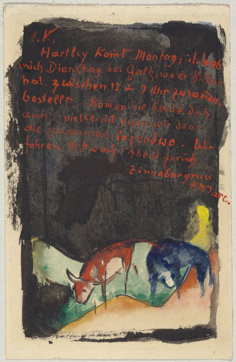 "Zinnobergrüss", Franz Marc Sindelsdorfista Wassily Kandinskylle Münchenissä: postikortti, postileima 19.4.1913 tekijältä Franz Marc