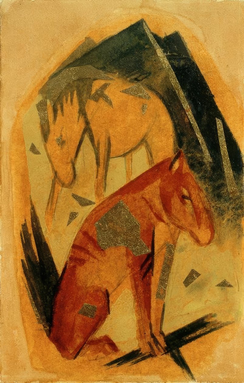 Kaksi hevosta sinisen vuoren edessä tekijältä Franz Marc