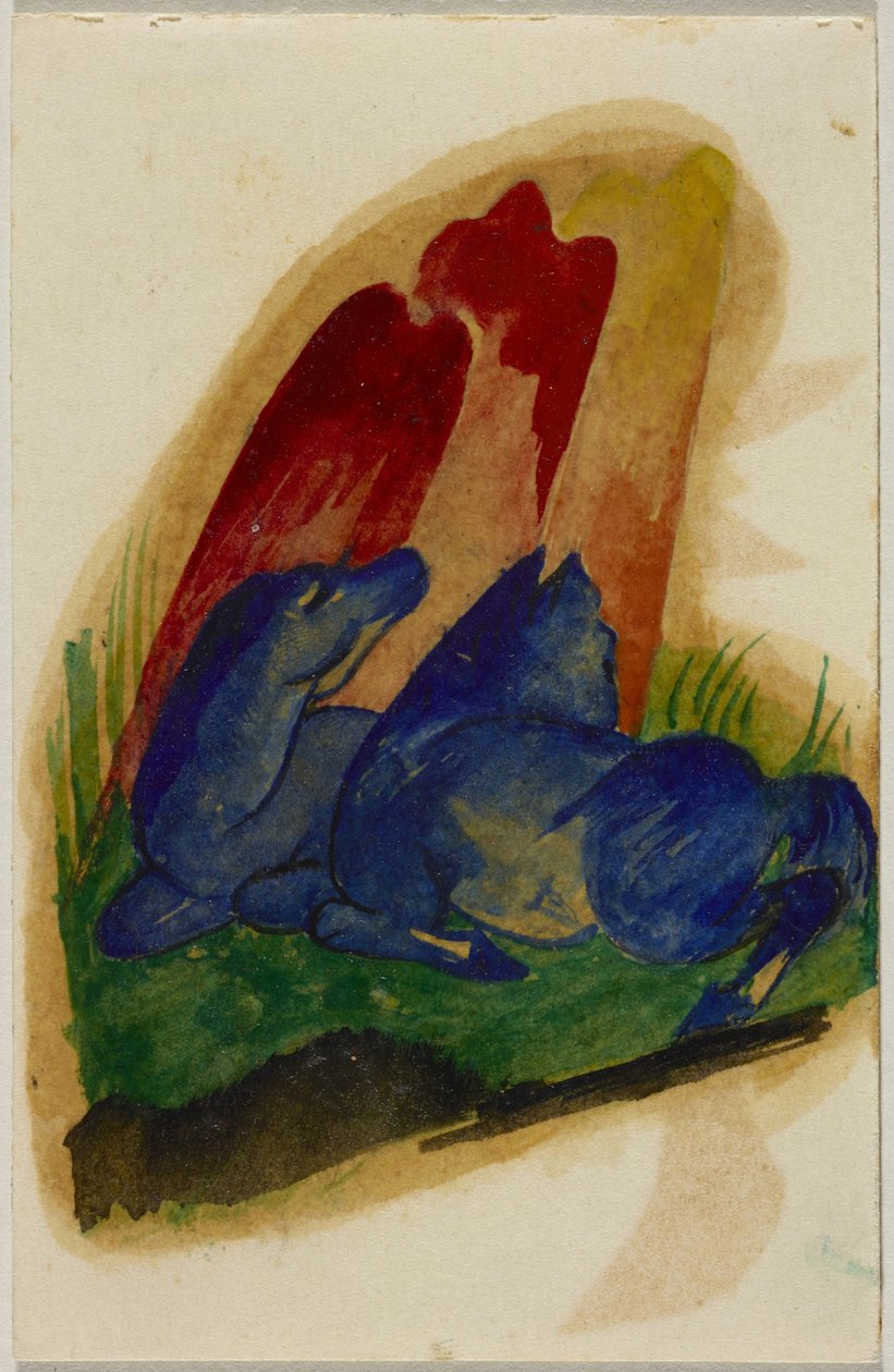 Kaksi sinistä hevosta punaisen kiven edessä, postikortti Sindelsdorfista Wassily Kandinskylle Münchenissä tekijältä Franz Marc