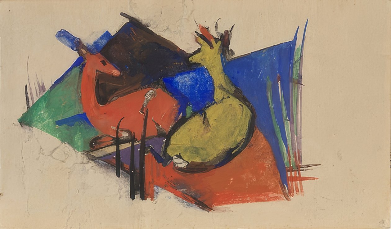 Kaksi makaavaa peuraa. 1912-13 tekijältä Franz Marc