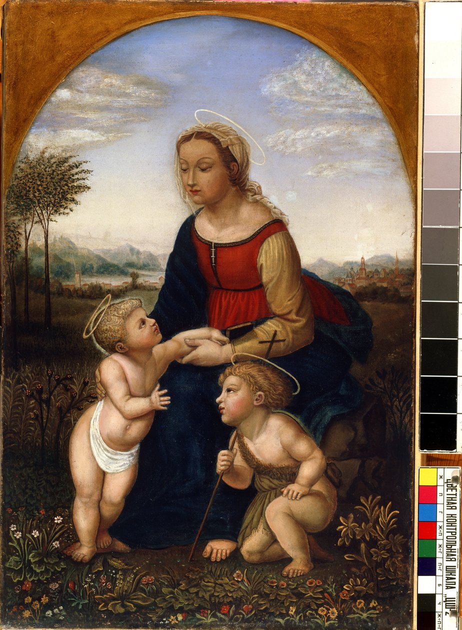 "Neitsyt ja lapsi Johannes Kastajan kanssa poikana" Franz Pforrin (1788-1812) maalaus 1800-luvun Mikalojus Konstantinas Ciurlionisin taidemuseo, Kaunas, Liettua tekijältä Franz Pforr