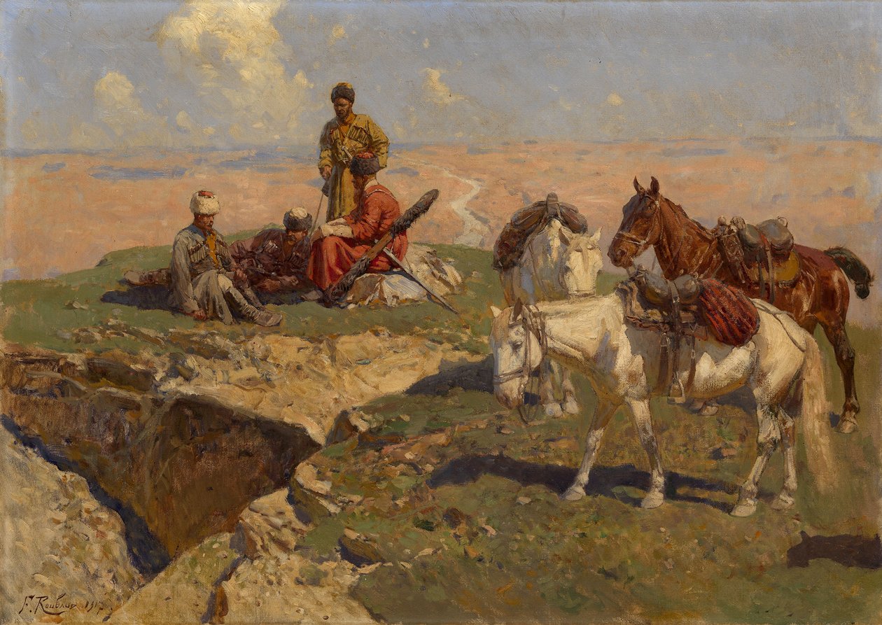 Kaukasialaiset ratsastajat levossa, 1917 tekijältä Franz Roubaud