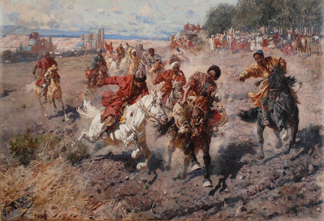Cherkess juhlii Muharramin loppua ratsastusurheilussa Dash for the Prize Lamb, 1889 tekijältä Franz Roubaud