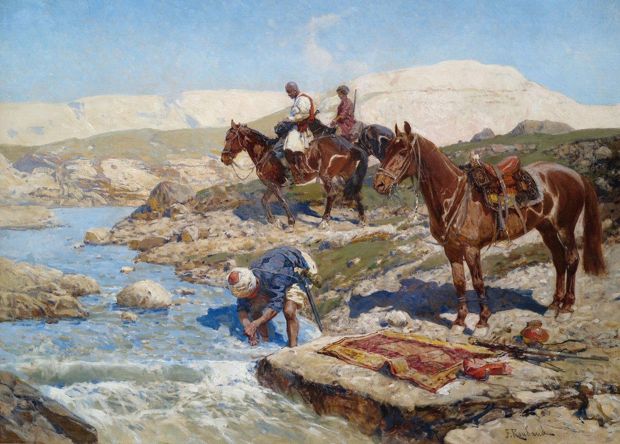 Cherkessian Horseman ylittää joen tekijältä Franz Roubaud