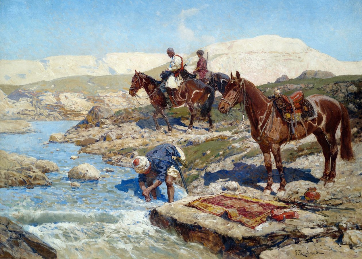 Cherkessian Horsemen ylittää joen tekijältä Franz Roubaud