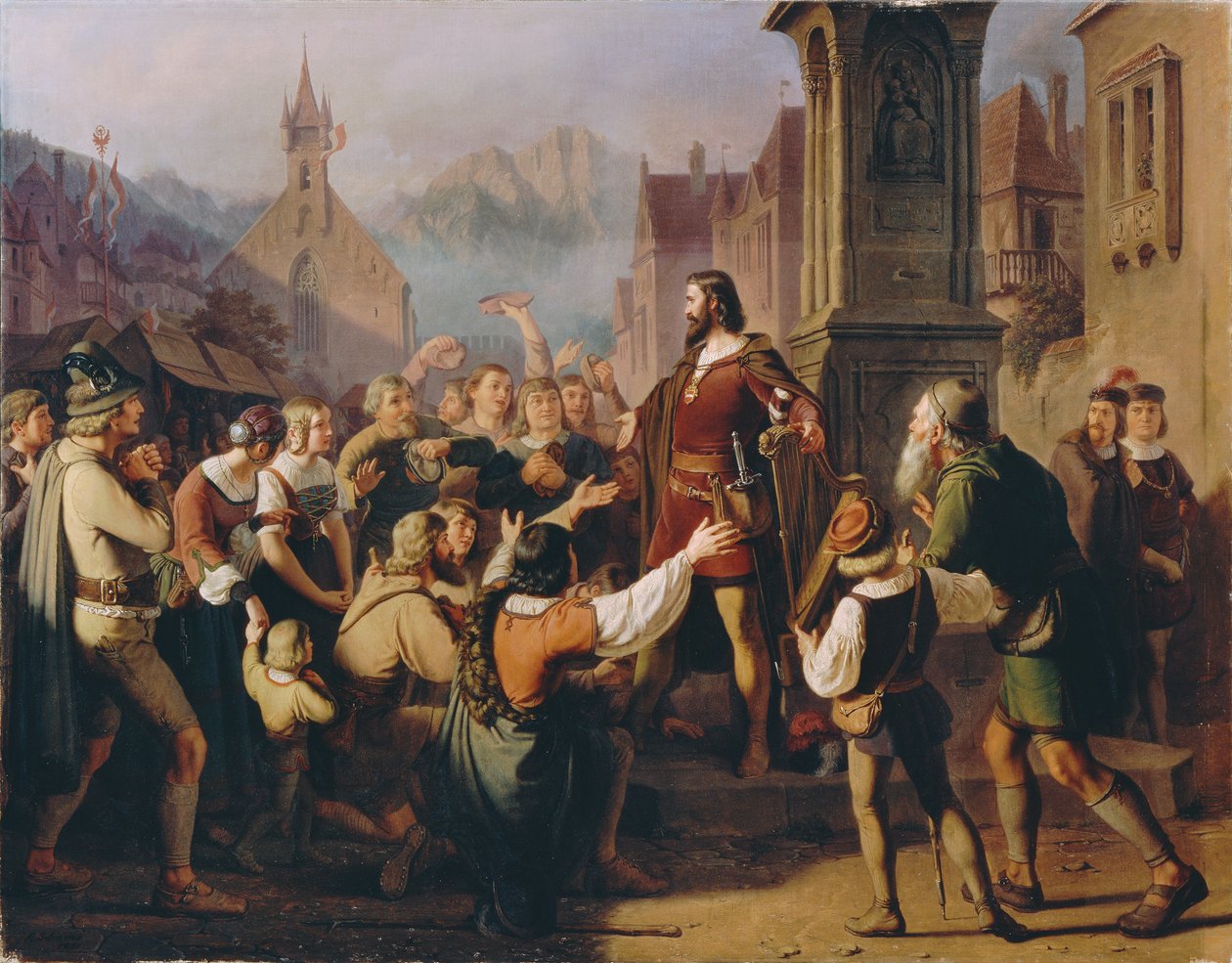 Herttua Friedrich IV, naamioitunut pappilaiseksi, paljastaa itsensä uskollisille tirolilaisille..., 1851. tekijältä Franz Schams