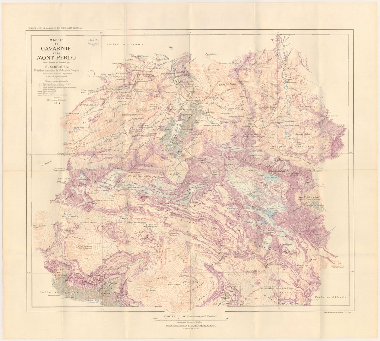Kartta Gavarnien vuoristosta ja Mont Perdusta julkaistiin vuonna 1914 tekijältä Franz Schrader