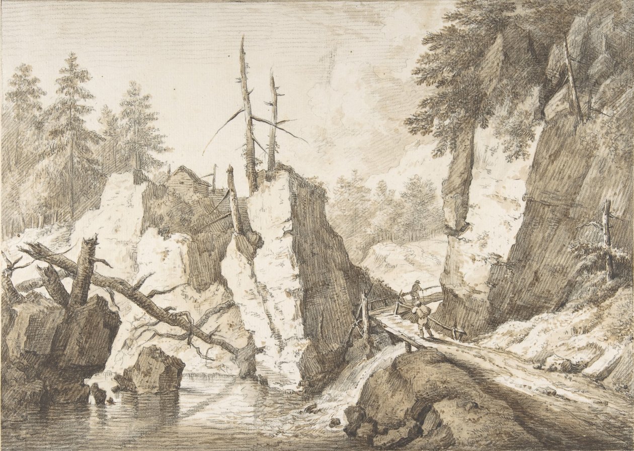 Sveitsin vuoristomaisema, jossa pieni silta puron yli, 1751-81 tekijältä Franz Schutz