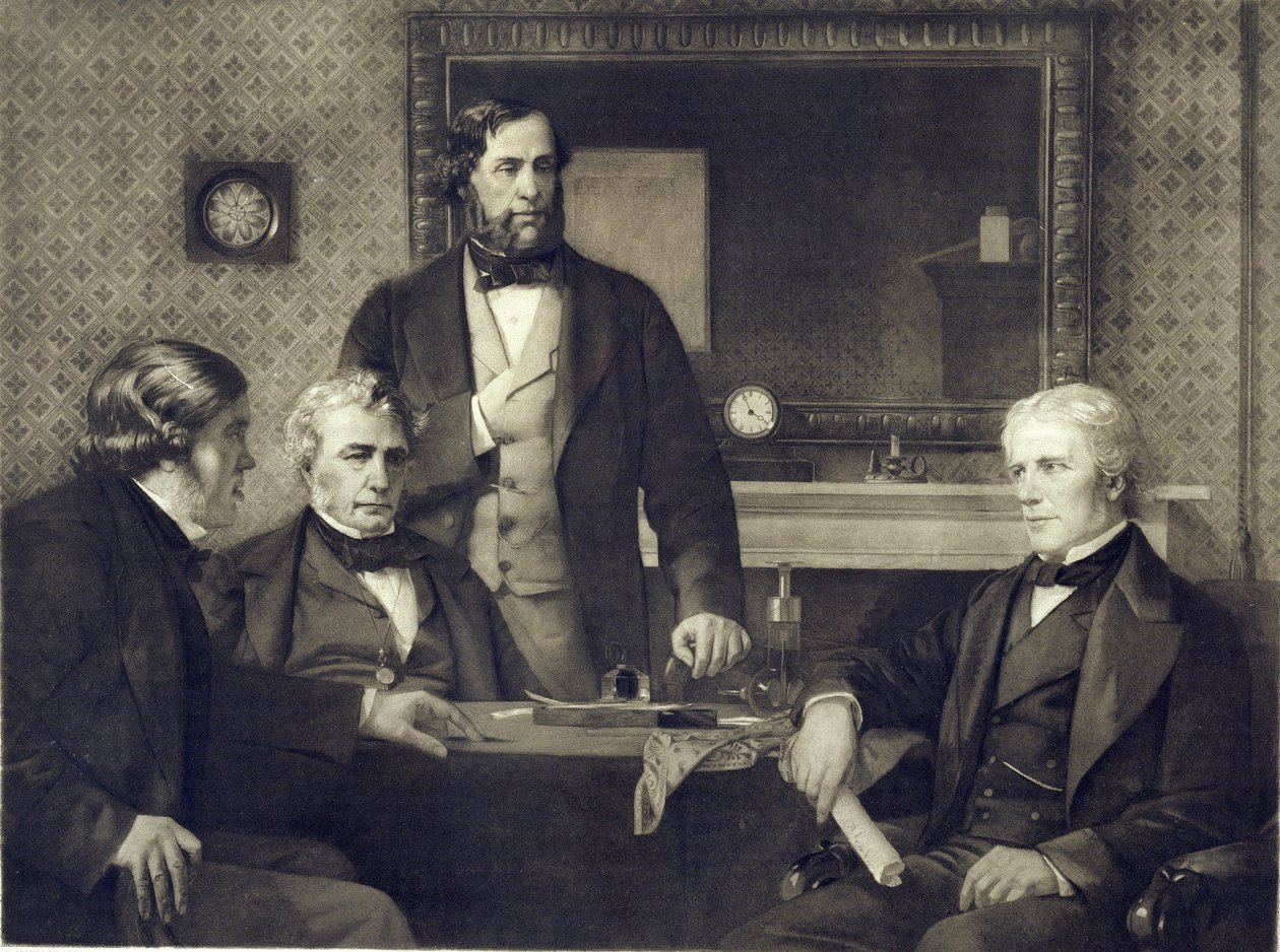 Michael Faraday (1791-1867) luopui Royal Societyn puheenjohtajuudesta vuonna 1858 Edward A. Armitagen (1817-96) maalauksen jälkeen (syväpaino) tekijältä Franz Seraph Hanfstaengel