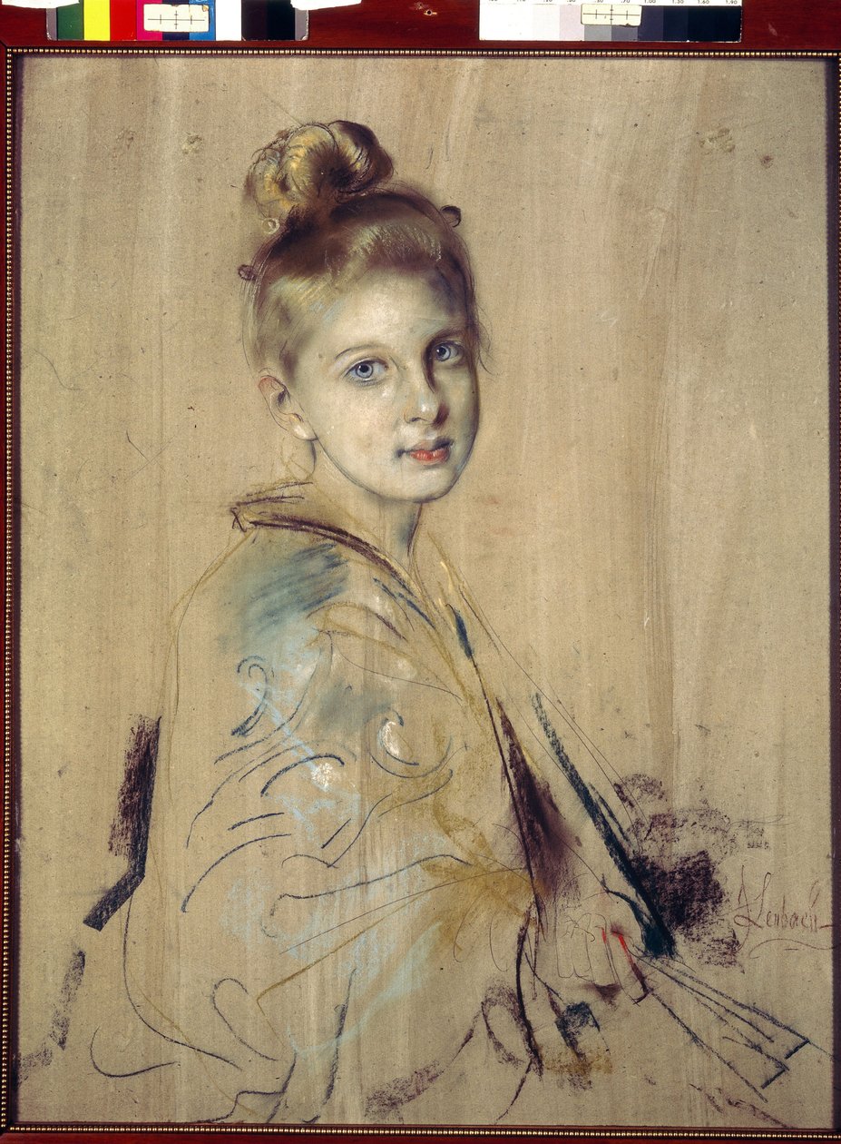 Nuori tyttö tuulettimen kanssa (Girl With A Fan). Franz von Lenbachin (1836-1904) teos, pastelli pahville, noin 1880. 1800-luvun saksalaista taidetta. Valtion Eremitaaši, Pietari. tekijältä Franz Seraph von Lenbach