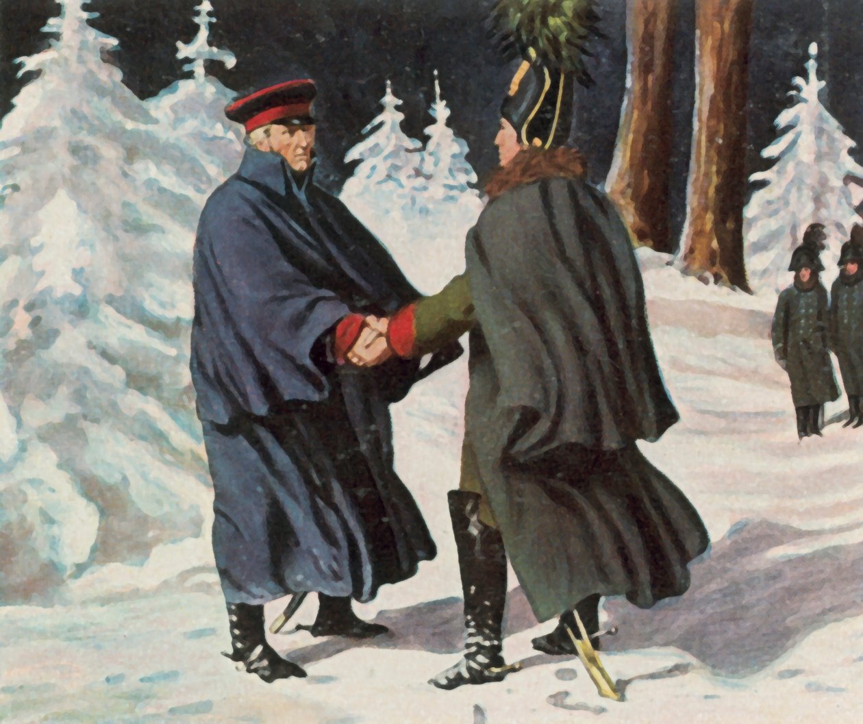 Yorckin ja venäläisen kenraali Diebitschin väliset neuvottelut 25. joulukuuta 1812 (tehostettu värilitografia). tekijältä Franz Stassen