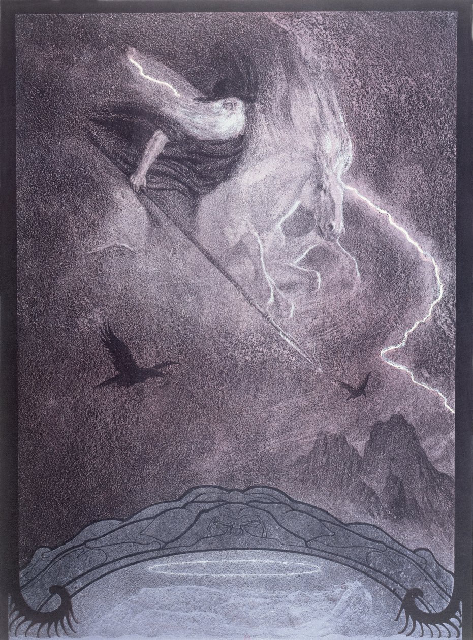 Odin, kuvitus Richard Wagnerin (1813-83) teokseen "Niebelungien sormus", n. 1914 (värilitho) tekijältä Franz Stassen
