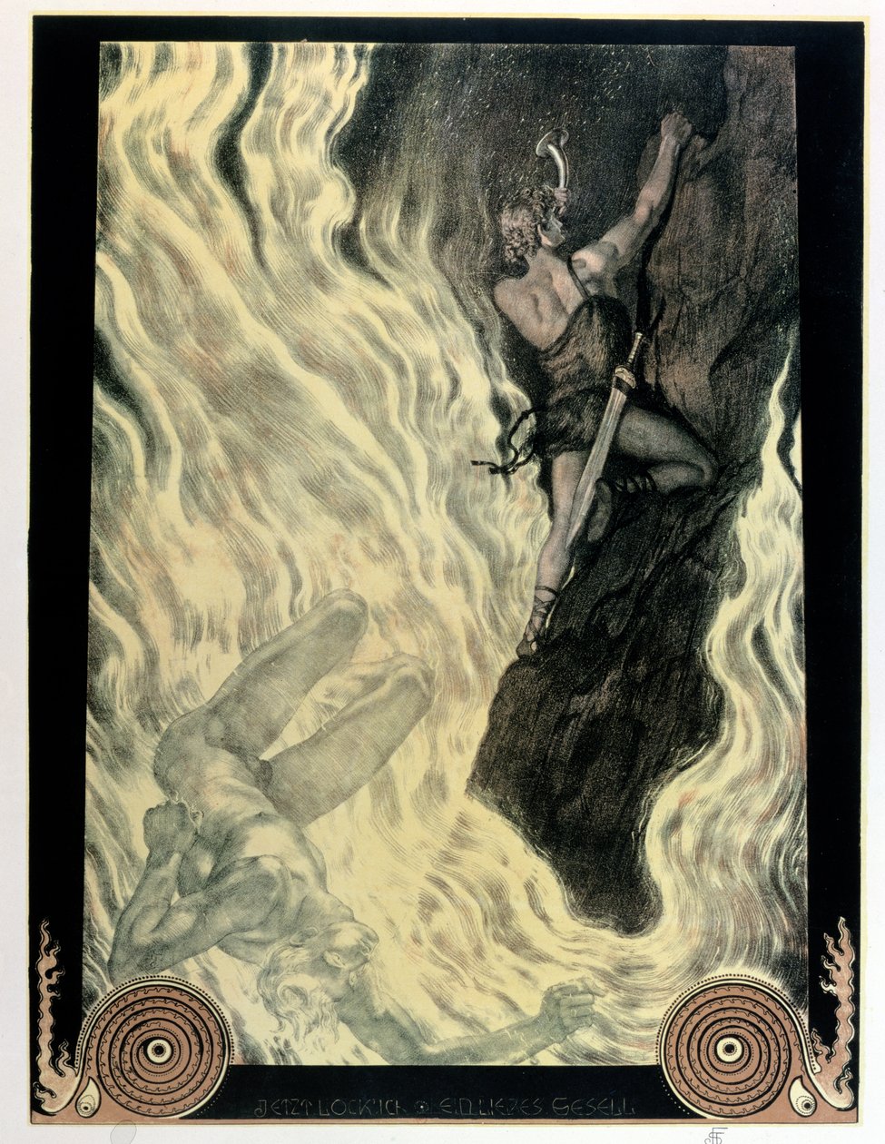 Siegfried ja Locke, kuvitus Richard Wagnerin (1813-83) teokseen "Niebelungien sormus", ennen vuotta 1914 (värilitho) tekijältä Franz Stassen