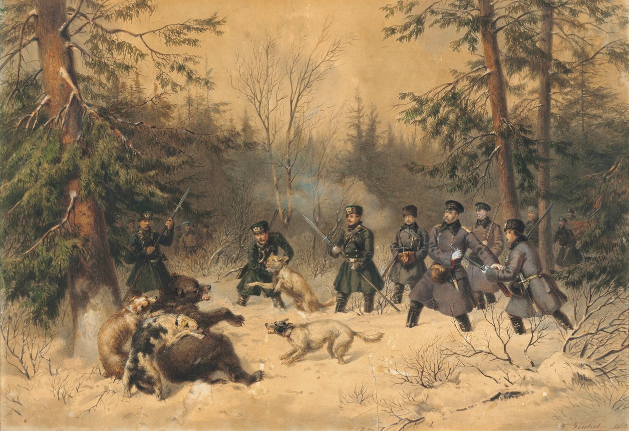Tsaari Aleksanteri II:n karhunmetsästys, 1862. tekijältä Franz Teichel
