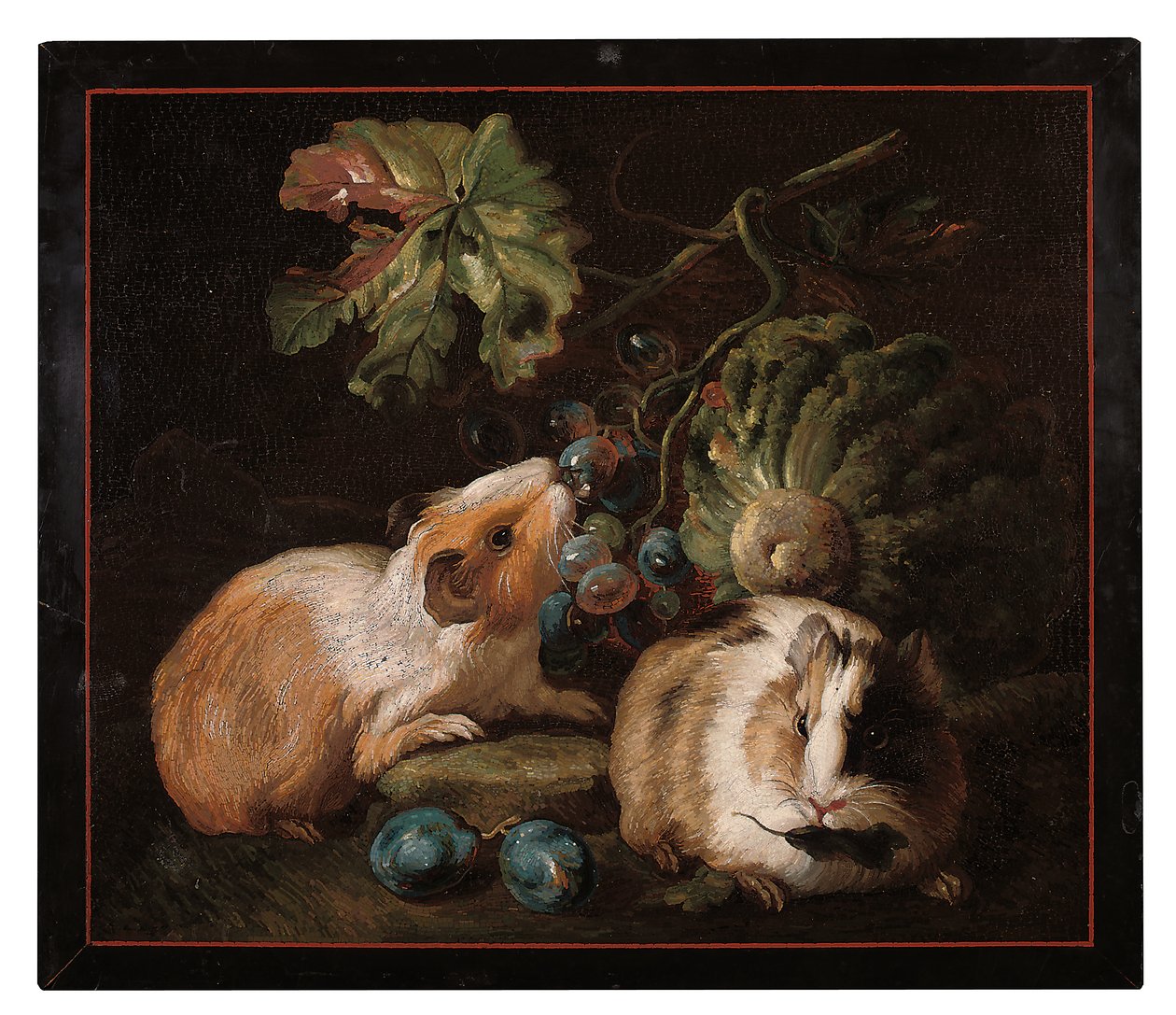 Roomalainen mikromosaiikkipaneeli, jossa on kaksi marsua syömässä kaalia ja viinirypäleitä, 1800-25 tekijältä Franz Werner von Tamm