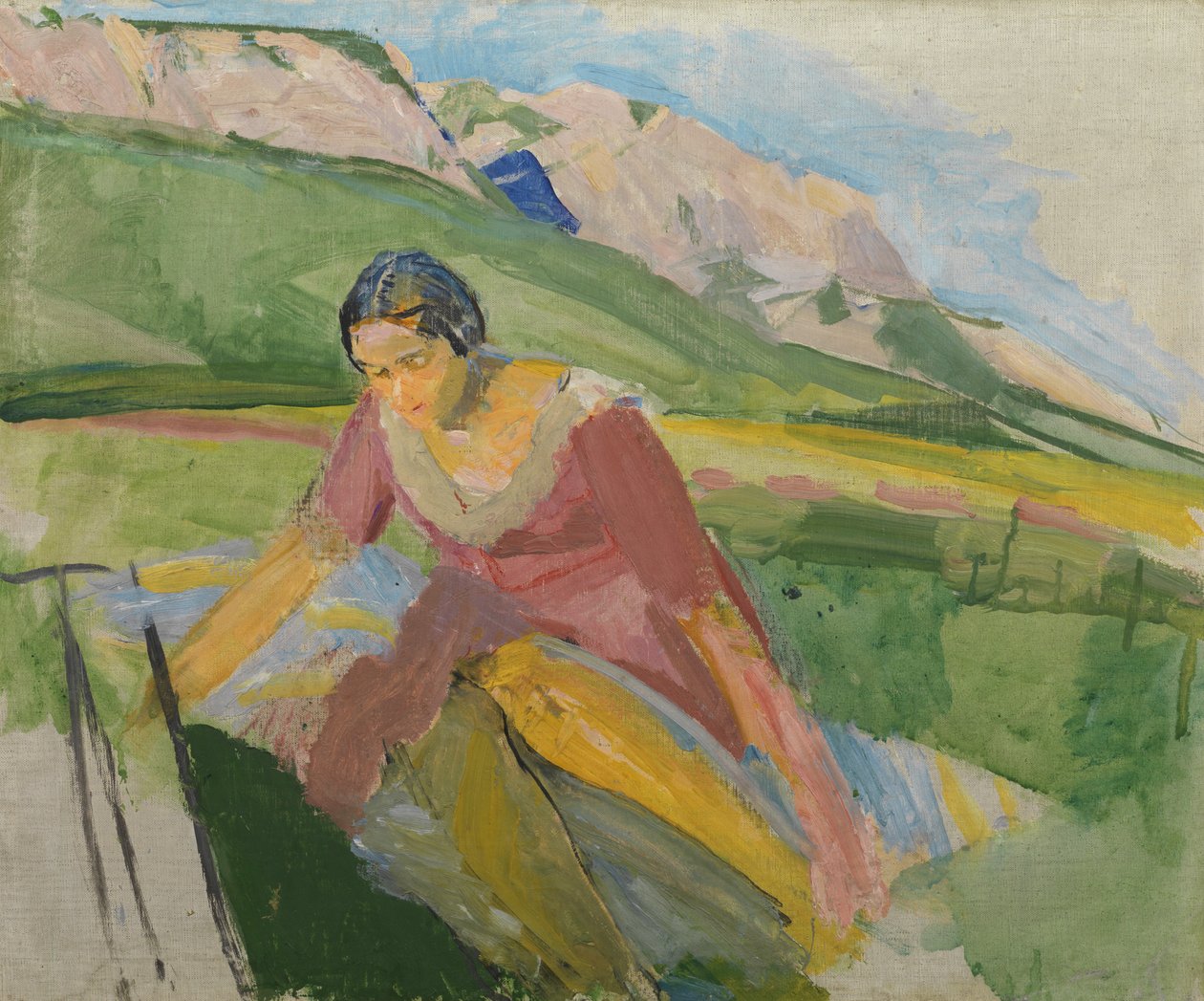 Nuori nainen maisemassa (Kärnten), n. 1930-38 (öljy kankaalle) tekijältä Franz Wiegele