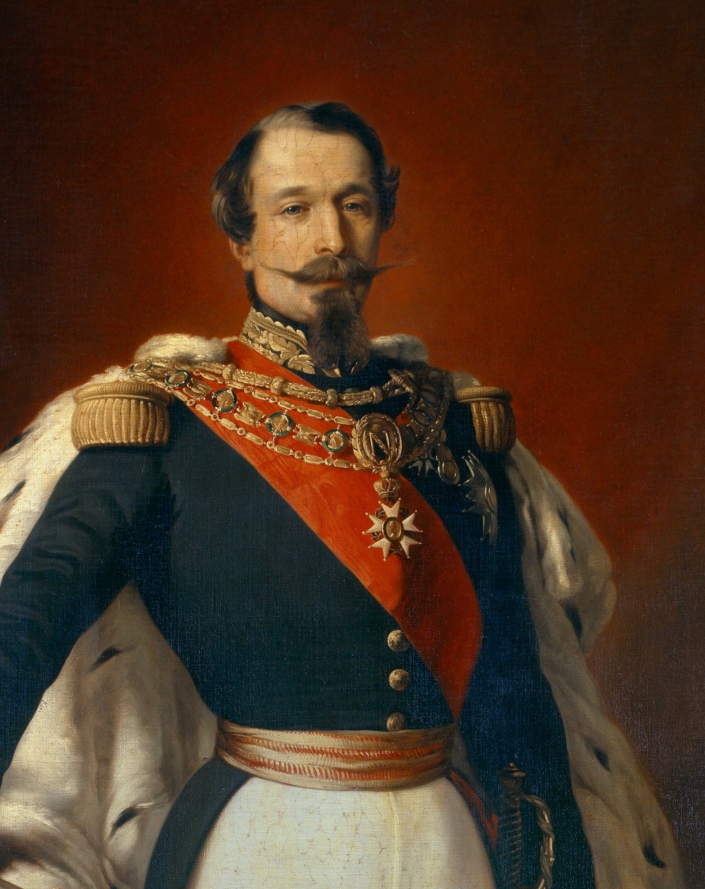 Napoleon III:n (1808-1873), Ranskan keisarin, muotokuva Chateau de Saint Cloud -näkymän edessä. Yksityiskohta Franz Xaver Winterhalterin (1806-1873) maalauksesta 1855 Dim. 2,4x1,5 m tekijältä Franz Xaver  Winterhalter (after)