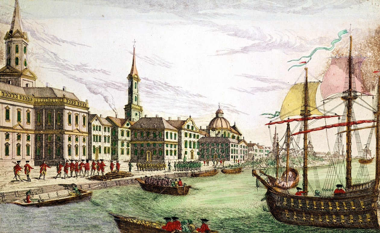 Englantilaisten joukkojen maihinnousu New Yorkissa, 29. kesäkuuta 1776 (värinen kaiverrus) tekijältä Franz Xaver Habermann