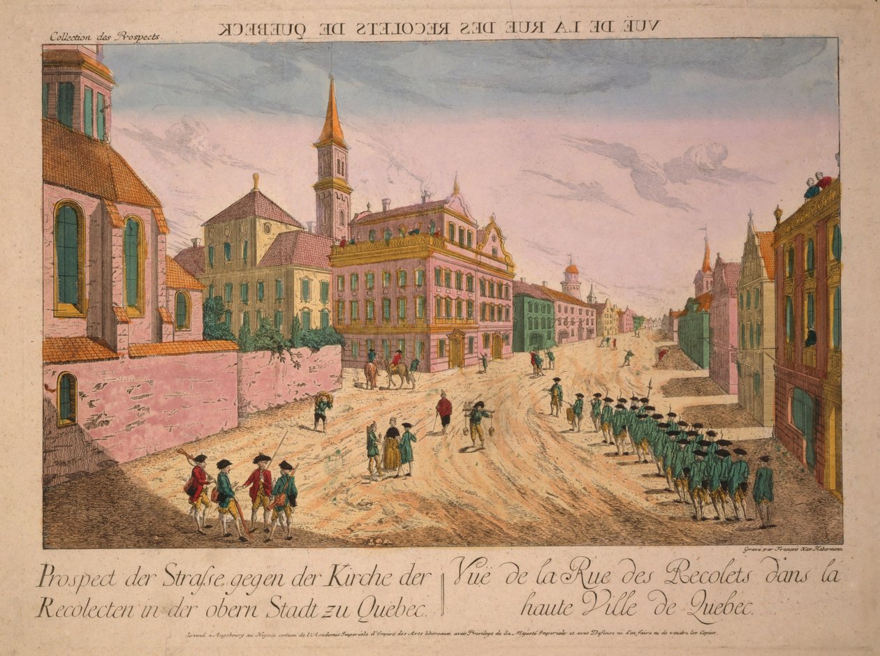 Vue de la Rue des Récollets de Quebec, julkaistu noin 1770-luvulla (käsinvärinen kaiverrus) tekijältä Franz Xaver Habermann