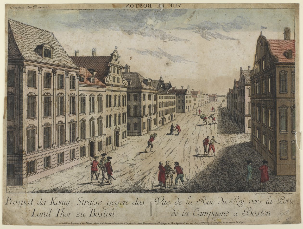 Näkymä Rue du Roi--Bostoniin (1776) tekijältä Franz Xaver Habermann