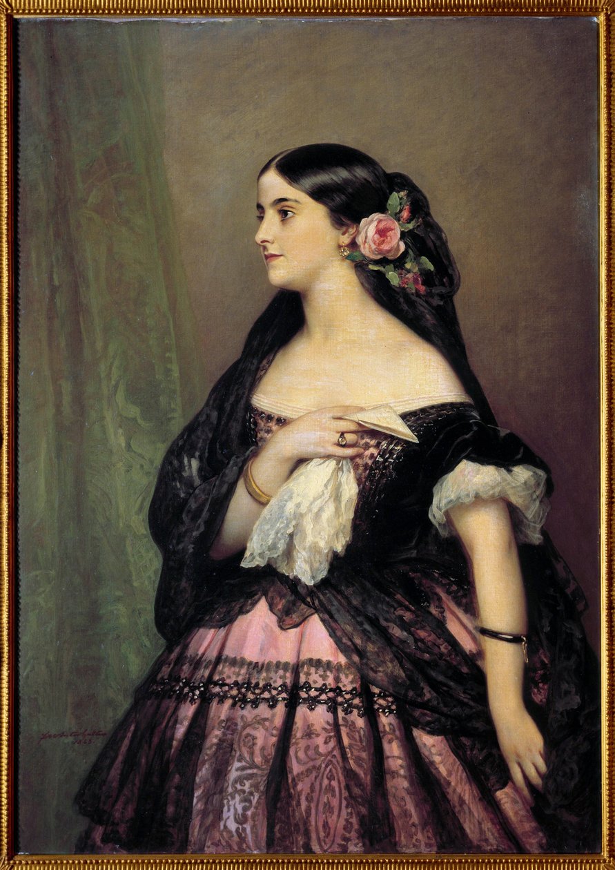 Adelina Patti. Muotokuva laulaja Adelina Patista (1843-1919), espanjalainen sopraano tulkitsemassa Rosinen roolia Gioacchino Rossinin "Sevillan parturi" (Sevillan parturi). Xaver Winterhalterin (1806-1873) maalaus tekijältä Franz Xaver Winterhalter