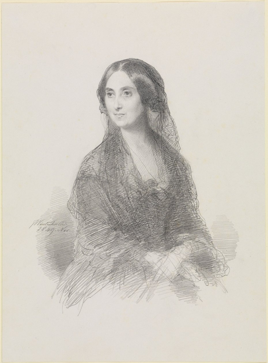 Espanjalaiseen pukuun pukeutuneen naisen muotokuva, istuva, puolikuva tekijältä Franz Xaver Winterhalter