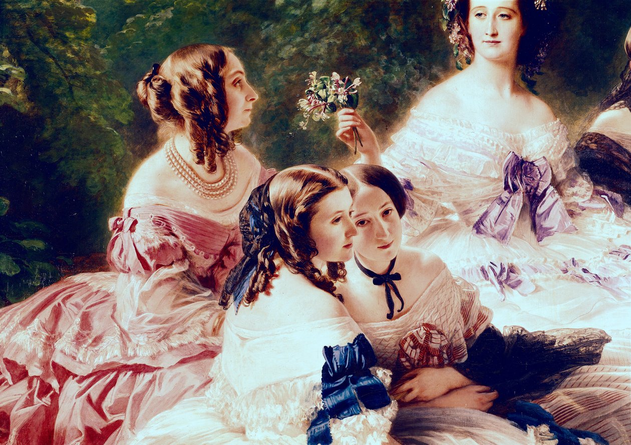 Keisarinna Eugenie (1826-1920) ja hänen Ladies in Waiting, yksityiskohta Esslingin prinsessasta, Pierresin paronitarsta ja Lezay-Marnesian varakreivitärestä, 1855 tekijältä Franz Xaver Winterhalter