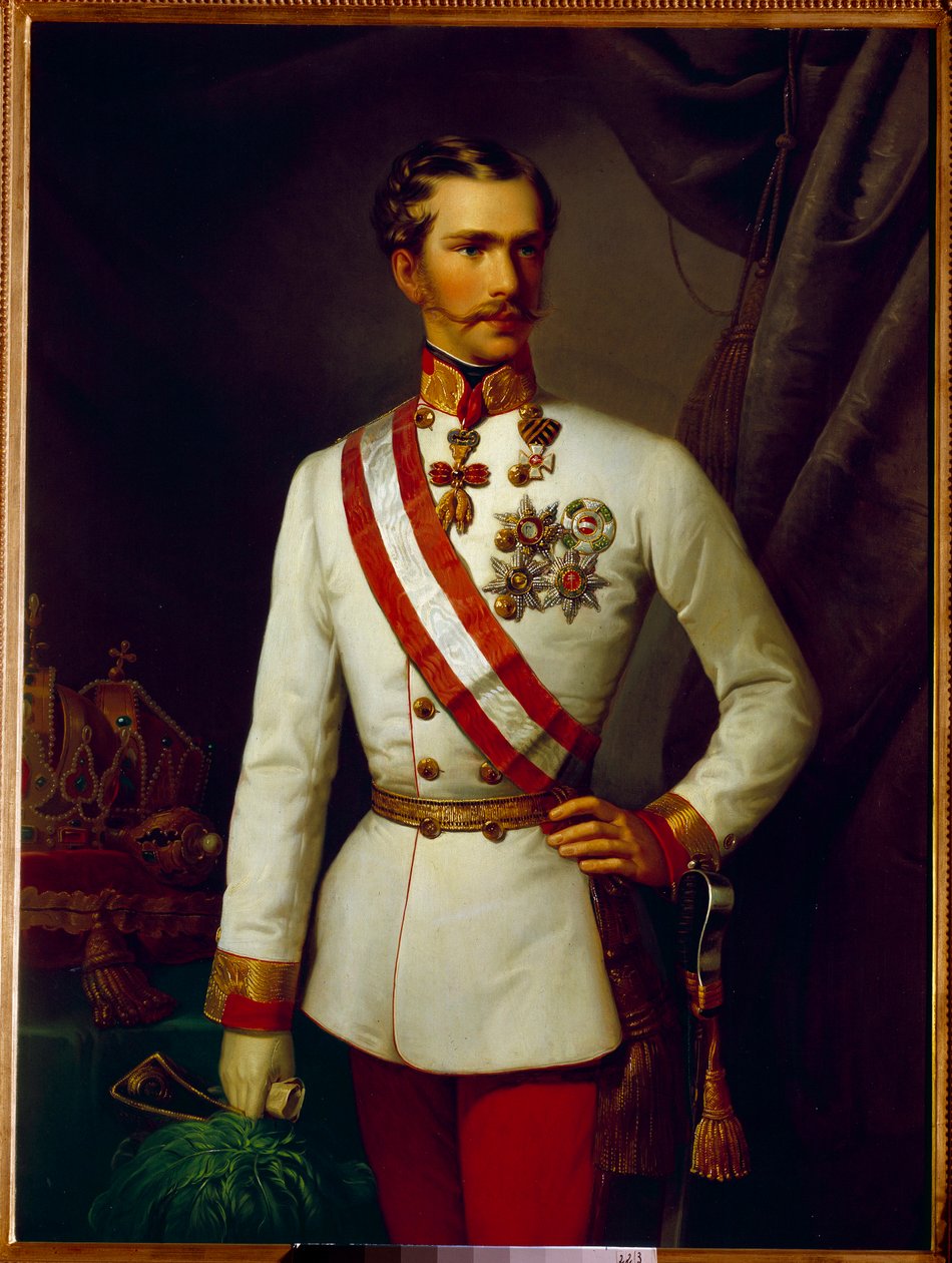 Itävallan Francois Josephin muotokuva oli 28-vuotias juhlapukussa (1830-1916). François Xaver Winterhalterin (1806-1873) maalaus tekijältä Franz Xaver Winterhalter