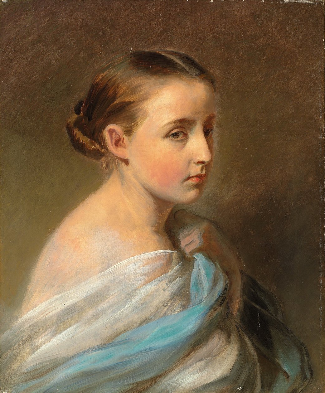 Muotokuva tytöstä, pää ja hartiat, päällystetty sinivalkoiseen kääreeseen, n. 1850 tekijältä Franz Xaver Winterhalter