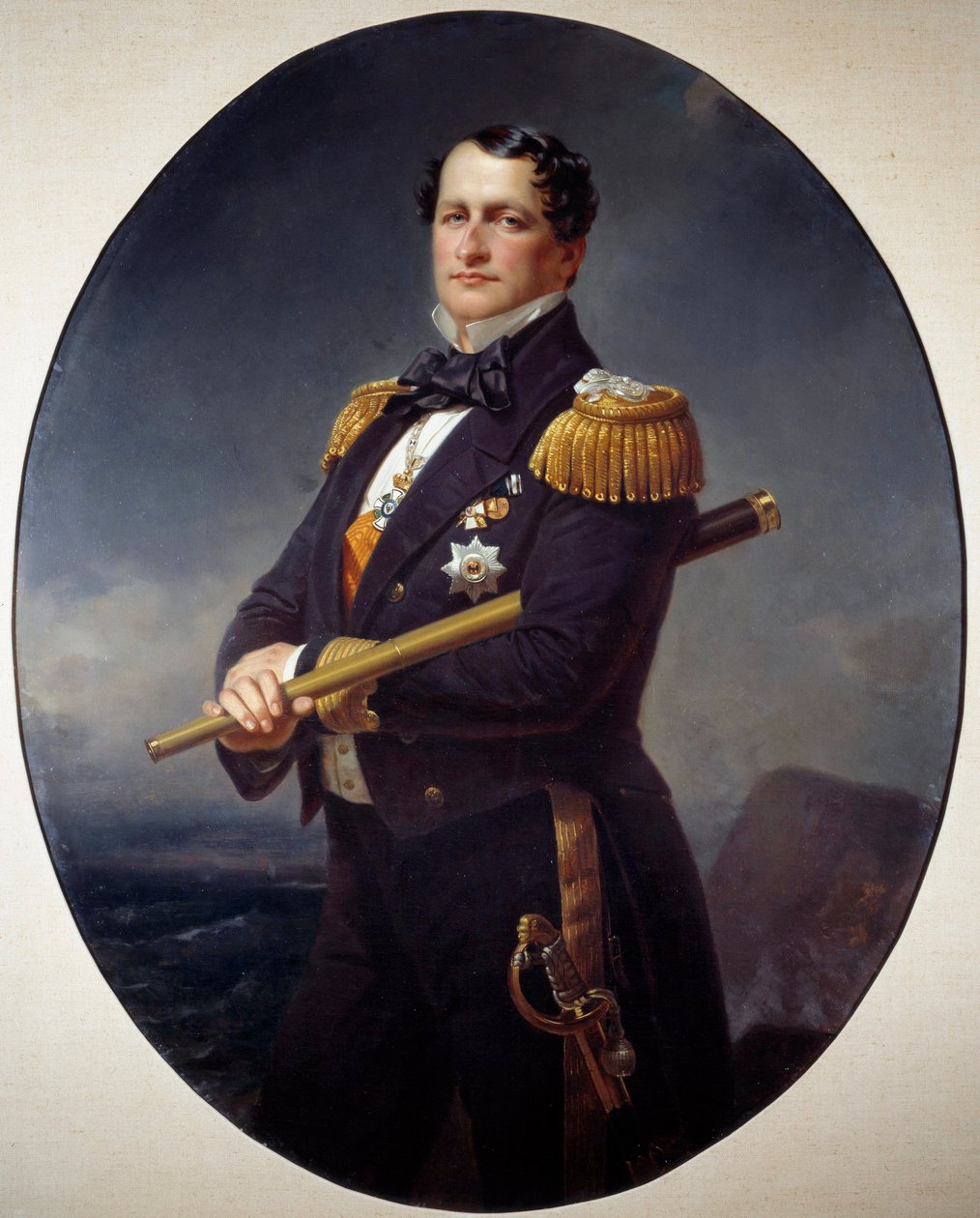 Amiraalin muotokuva Merivoimien amiraali, jolla on pitkä näkymä, takana merimaisema. Xaver Winterhalterin (1806-1873) maalaus 1800-luvun Brest, Kuvataidemuseo tekijältä Franz Xaver Winterhalter
