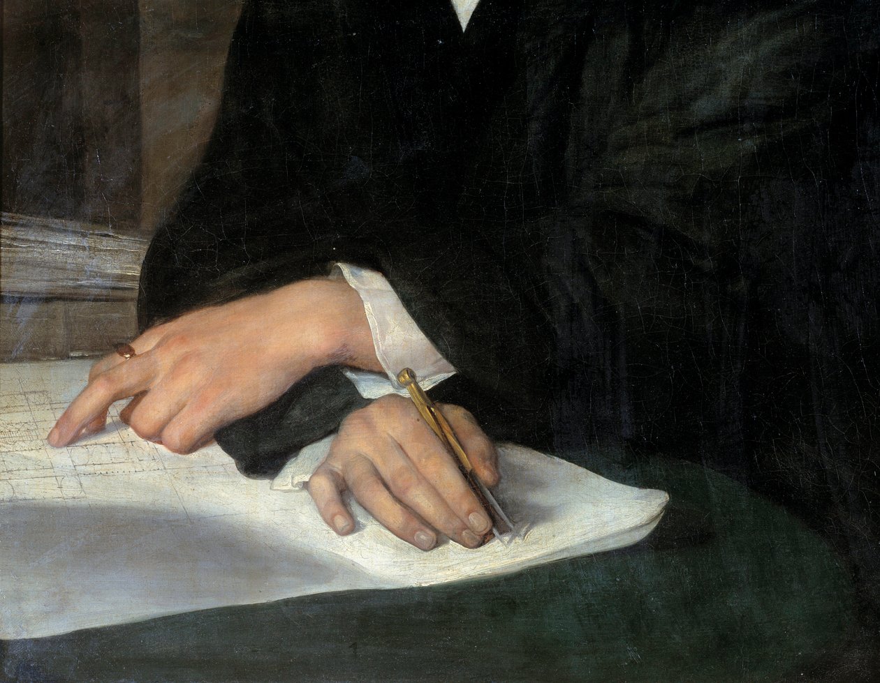 Arkkitehti Karl Berckmuller (1800-1879) muotokuva, yksityiskohta ristissä olevista käsistä koneessa. Yhdellä heistä on compas. Franz Xaver Winterhalterin (1806-1873) maalaus Ec. Kaikki. tekijältä Franz Xaver Winterhalter