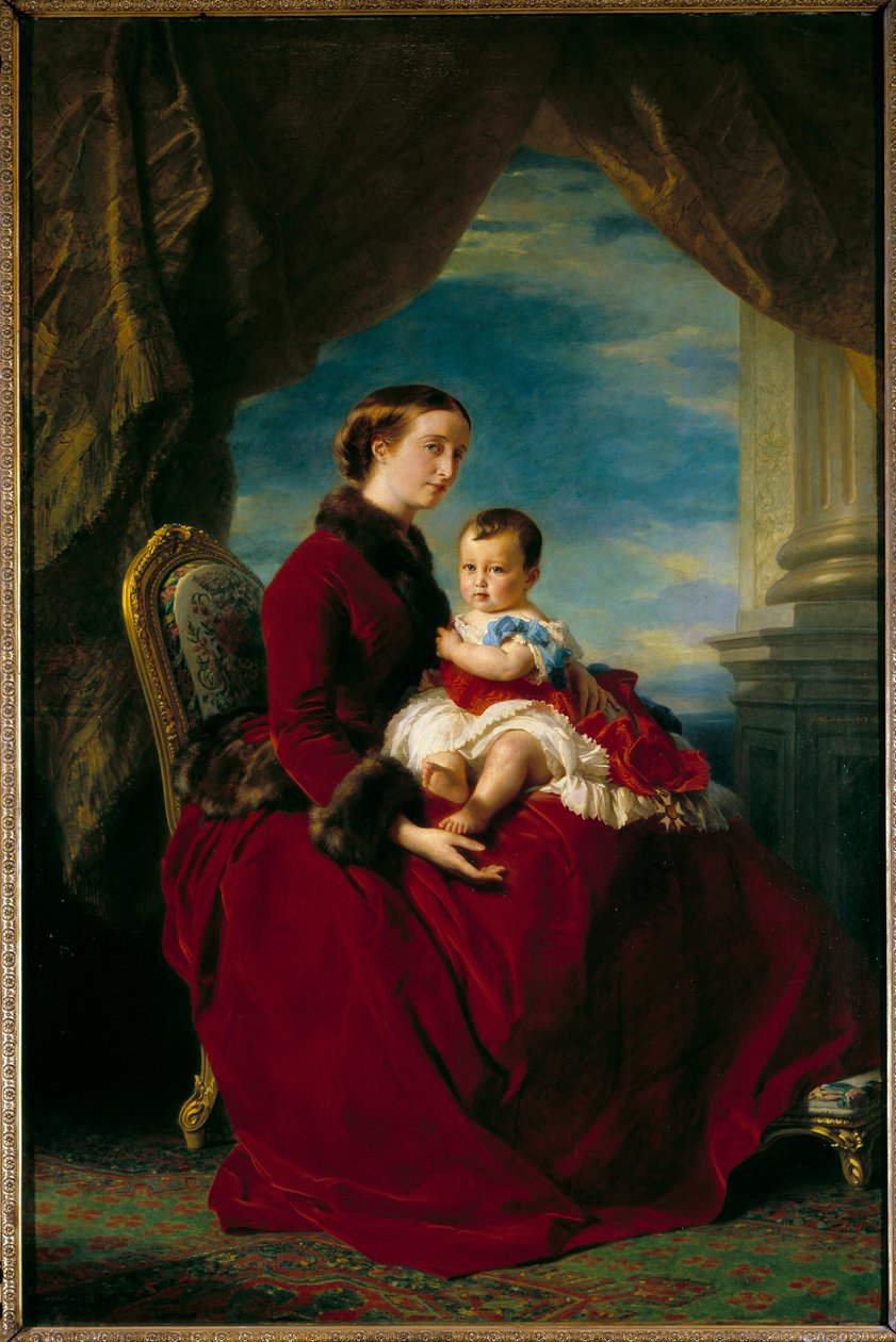 Keisarinna Eugenien ja keisarillisen prinssin muotokuvia. Eugenie de Montijo (1826-1920) ja hänen poikansa Napoleon III:n kanssa Napoleon Eugene Louis Bonaparte (1856-1879). François Xaver Winterhalterin (1806-1873) maalaus Ec. Kaikki. tekijältä Franz Xaver Winterhalter