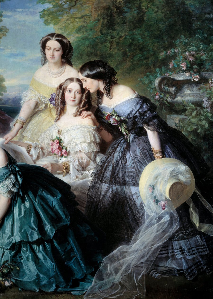 Impress Eugenie (1826-1920) vuonna 1855 ympäröi Malaretin paronessaa edustavat yksityiskohtapalatsin kunnianaiset, syntyi Nathalie de Segur (keltainen), Marquise de las Marismas (valkoinen) ja Marquise de La Tour Maubourg. Maalaus Franz Xavier Wi tekijältä Franz Xaver Winterhalter