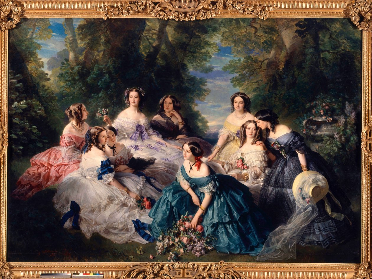 Impress Eugenie (1826-1920) vuonna 1855 ympäröi palatsin kunnianaiset. Alhaalta vasemmalta oikealle: Esslingin prinsessa, suuri emätar; Stonesin paronitar, varakreivitär Lezay-Marnezia (Lezay Marnezia); Montebellon markiisi (neiti de Villeneuve). Vastaanot tekijältä Franz Xaver Winterhalter