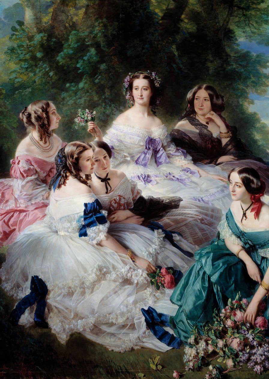 Impress Eugenie (1826-1920) vuonna 1855 ympäröi Detail Palacen kunnianaiset, jotka edustavat Esslingin prinsessaa, Stonesin paronitarta, varakreivitar Lezay-Marnesiaa, keisaria huipulla valkoisena ja Montebellon markiisita. the tekijältä Franz Xaver Winterhalter