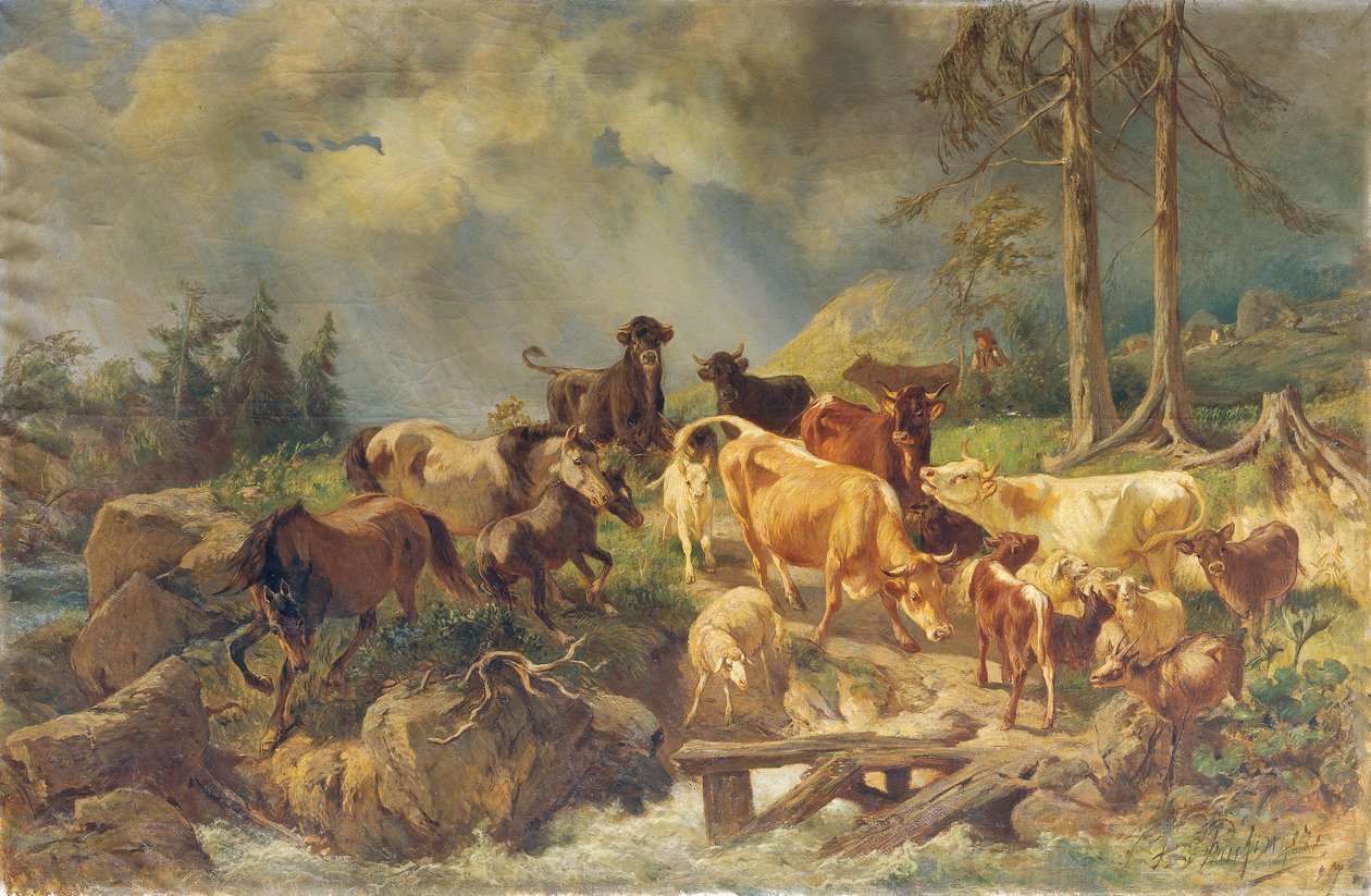 Vuoristoinen maisema lehmien kanssa tekijältä Franz Xaver von Pausinger