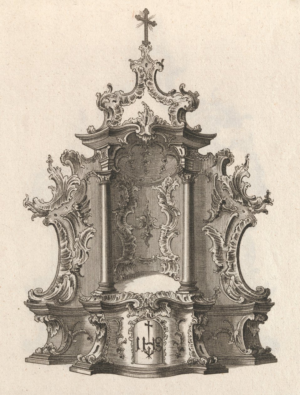 Suunnittelu tabernaakkelille, levy 2 sarjasta "Tabernaakkeli", painettu n. 1750-56. tekijältä Franz Xavier Habermann