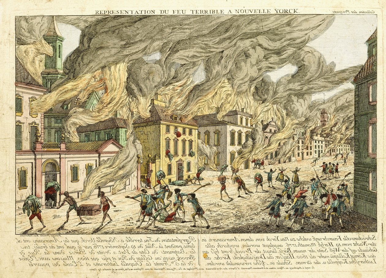 Näkymä New Yorkista vuoden 1776 suuren tulipalon aikana; Representation du Fue Terrible Nouvelle Yorkissa, 1780 tekijältä Franz Xaver Habermann