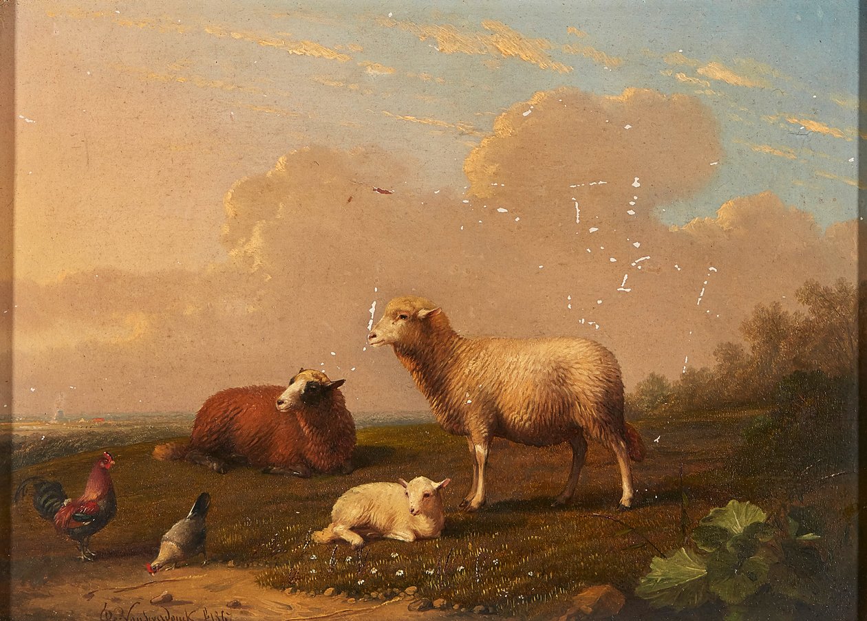 Lampaat ja kanat niityllä (öljy paneelille) tekijältä Franz van Severdonck