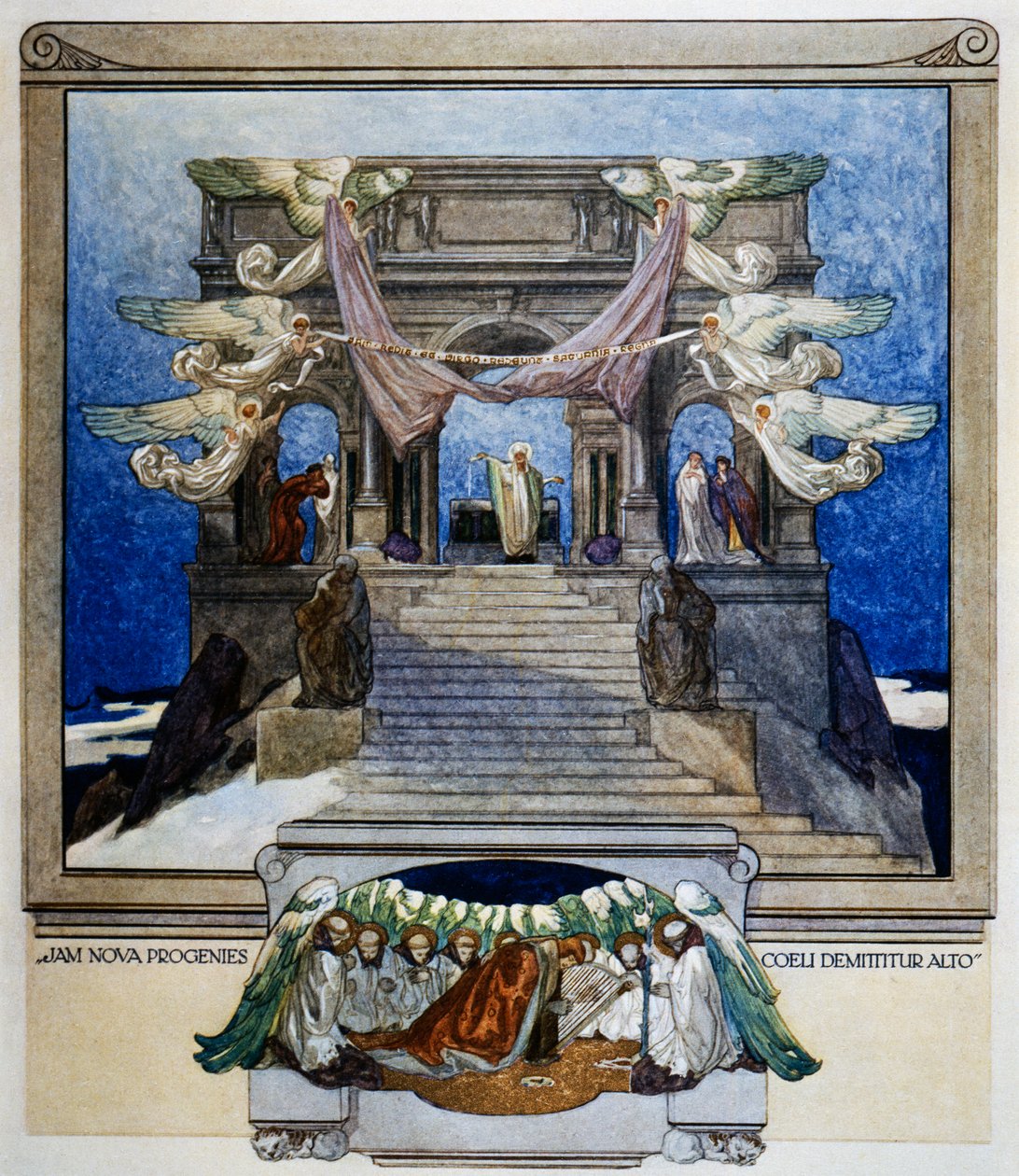 Ja uudet jälkeläiset laskeutuvat taivaasta, Kiirastule, kanto XXII, Dante Alighierin jumalallinen näytelmä, kuvitus Franz von Bayros (1866-1924), Wien tekijältä Franz von  Bayros