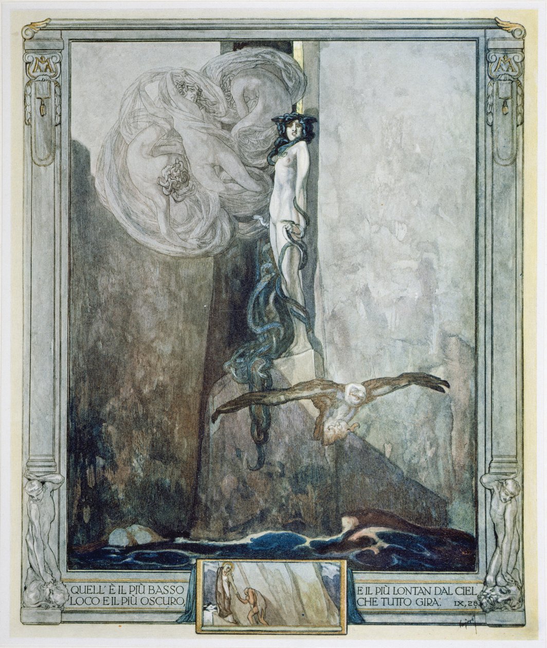 Kuvitus Danten jumalallisesta komediasta, Inferno, Canto IX. 28 tekijältä Franz von Bayros (1866 1924)