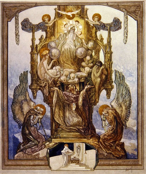 Kuvitus Danteen Jumalaisen komedian Paratiisi-kappaleesta, Canto VIII, 1921 (wc paperille). tekijältä Franz von Bayros