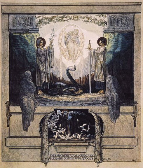 Kuvitus Danten jumalallisesta komediasta, Kiirastule, Canto VIII: 24, 1921 (wc paperilla) tekijältä Franz von Bayros