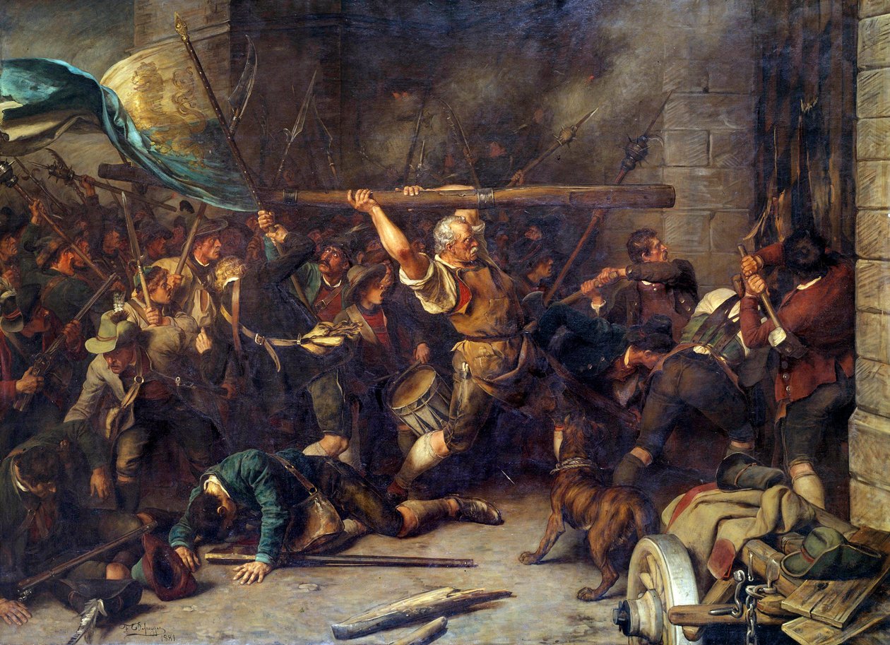 Talonpoikien kapina vuonna 1850 Punaisen muurin hyökkäys”” Franz Defreggerin (1835-1921) maalaus tekijältä Franz von Defregger