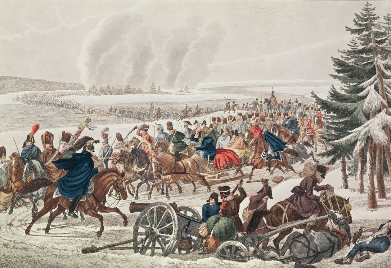 Ranskan armeijan vetäytyminen Berezina-joen yli, 26. marraskuuta 1812, kaiverrus J.A. Klein tekijältä Franz von Habermann