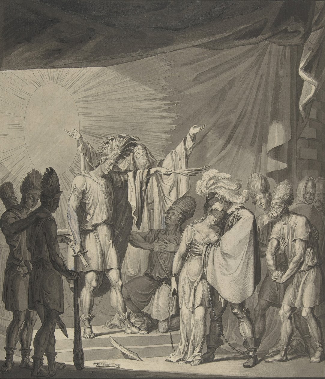 Aurinkokuningas voitelemassa sidottua paria, August von Kotzebuen teoksesta Die Sonnenjungfrau, 1800-luku. tekijältä Franz von Hauslab
